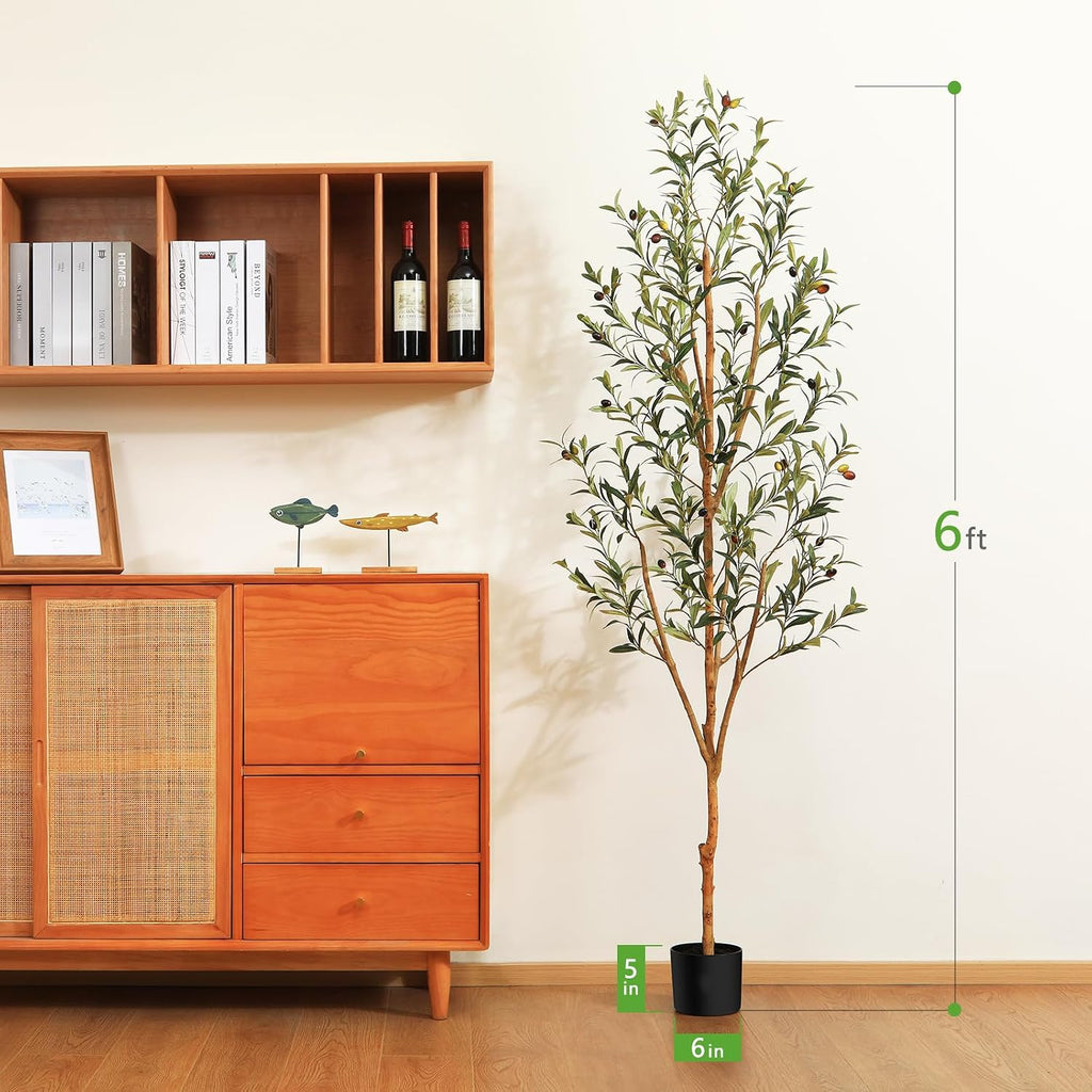 6FT Artificial Olive Tree, Real Wood Trunk & Silk Leaves