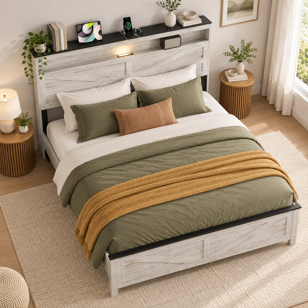 Farmhouse Bed Frame with LED Charging Headboard