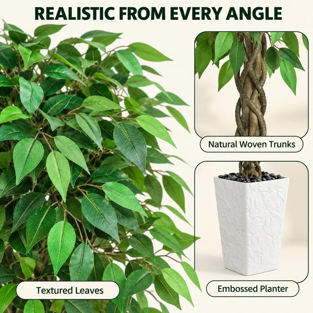 Artificial Ficus Tree 7FT, Large Fake Tree Decor (White Planter)