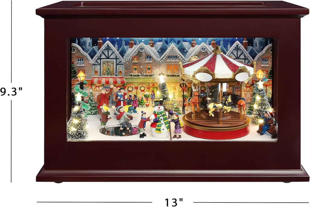 Heirloom Animated Glass and Wood Christmas Music Box, Holiday Décor, Plays 35 Songs, Brown