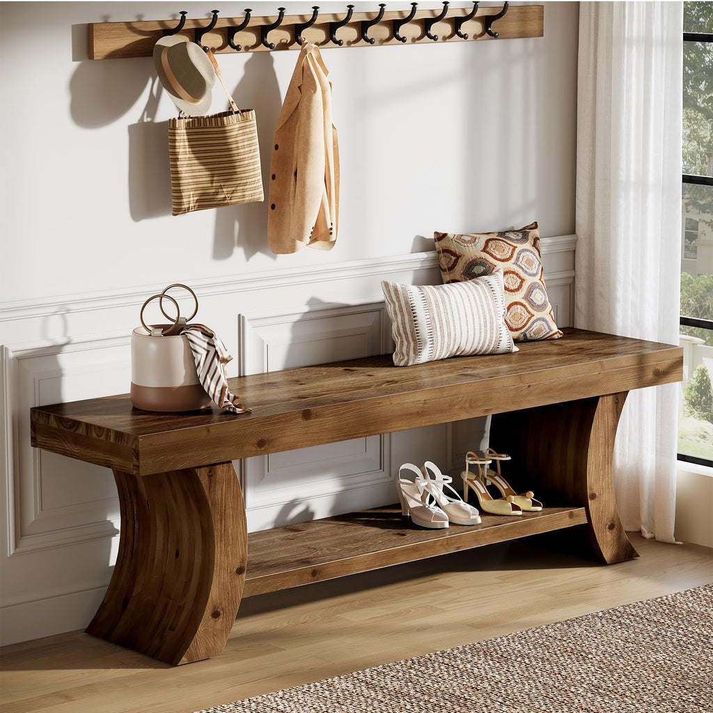 55" Solid Wood Entryway Bench, Rustic Farmhouse Shoe Storage Bench with Thick Curved Legs, Indoor End of Bed Bench
