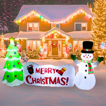 10FT Inflatable Snowman with Tree and Sign Outdoor Decoration, Christmas Blow Up Yard Decorations, Built-in LED