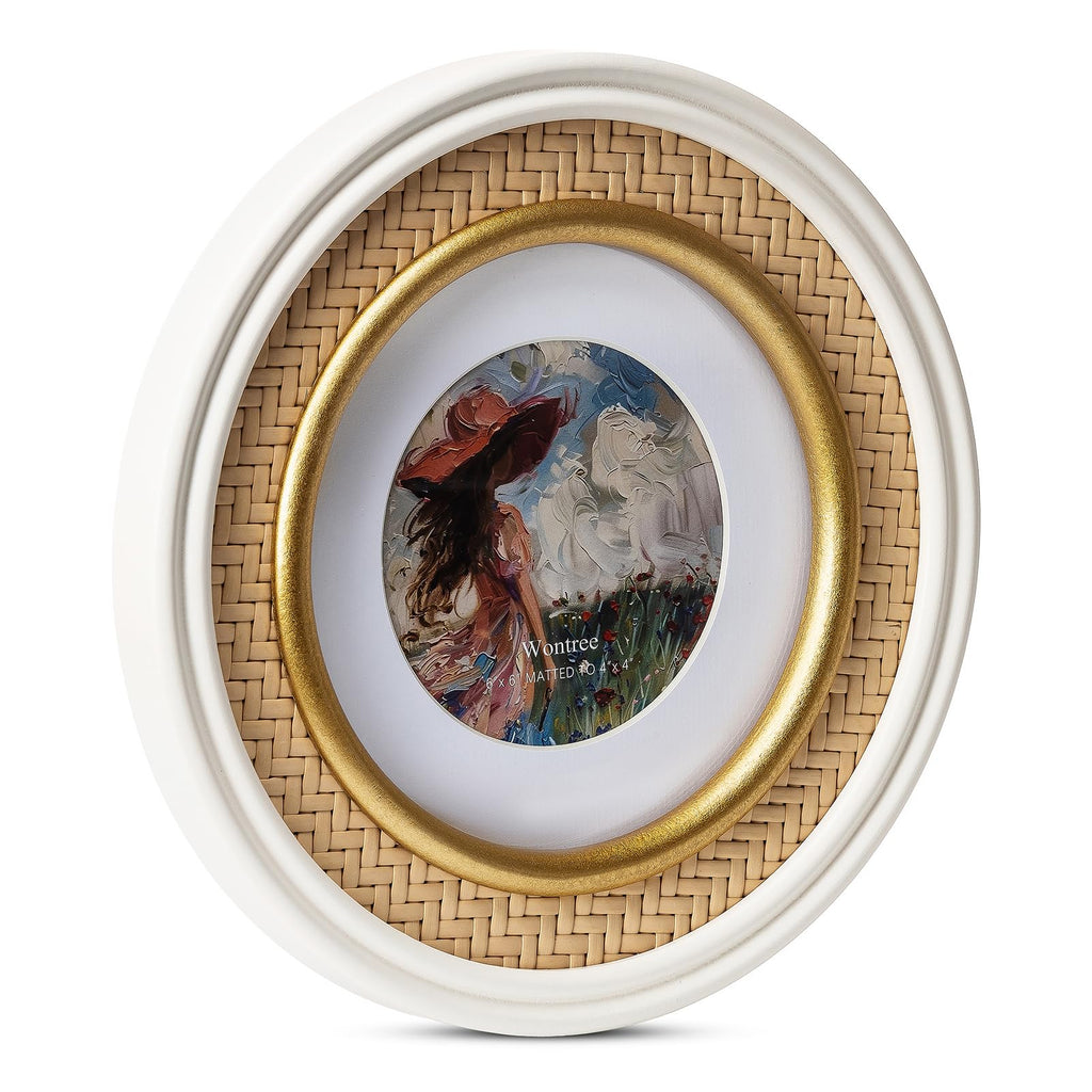 6x6 Round Rattan Picture Frame, Solid Wood with Real Glass, Display 6x6 Photos Matted to 4x4, Vertical for Tabletop
