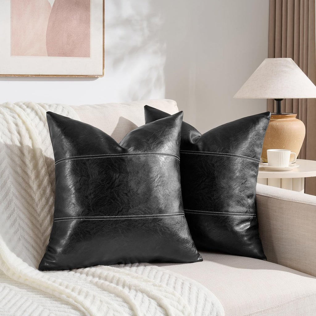 Black Boho Faux Leather Decorative Throw Pillow Covers 20x20 Inch Couch Bed Sofa, Rustic Modern Farmhouse Home Decor