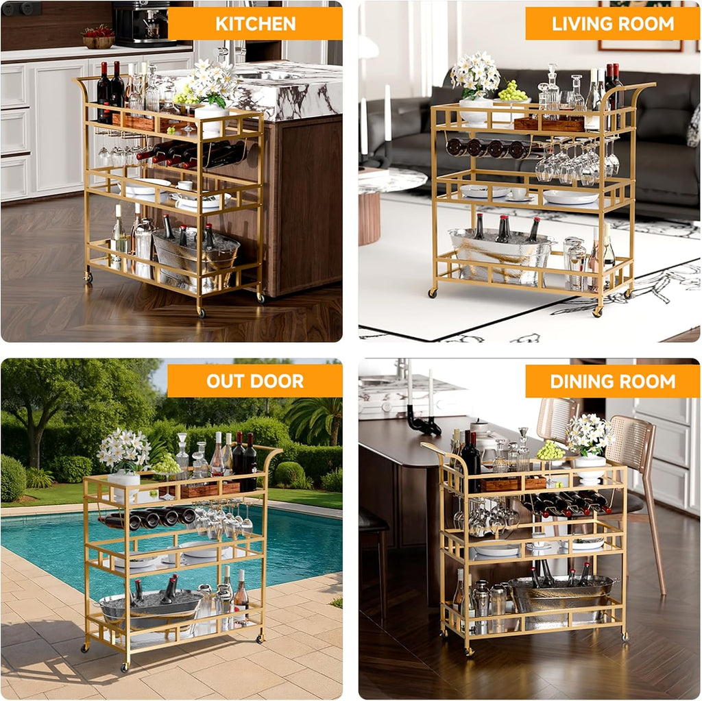 Gold Bar Carts with 3 Tier Mirror Shelves, Home Bar Cart with Wine Rack and Glass Holder, Perfect for Indoor and