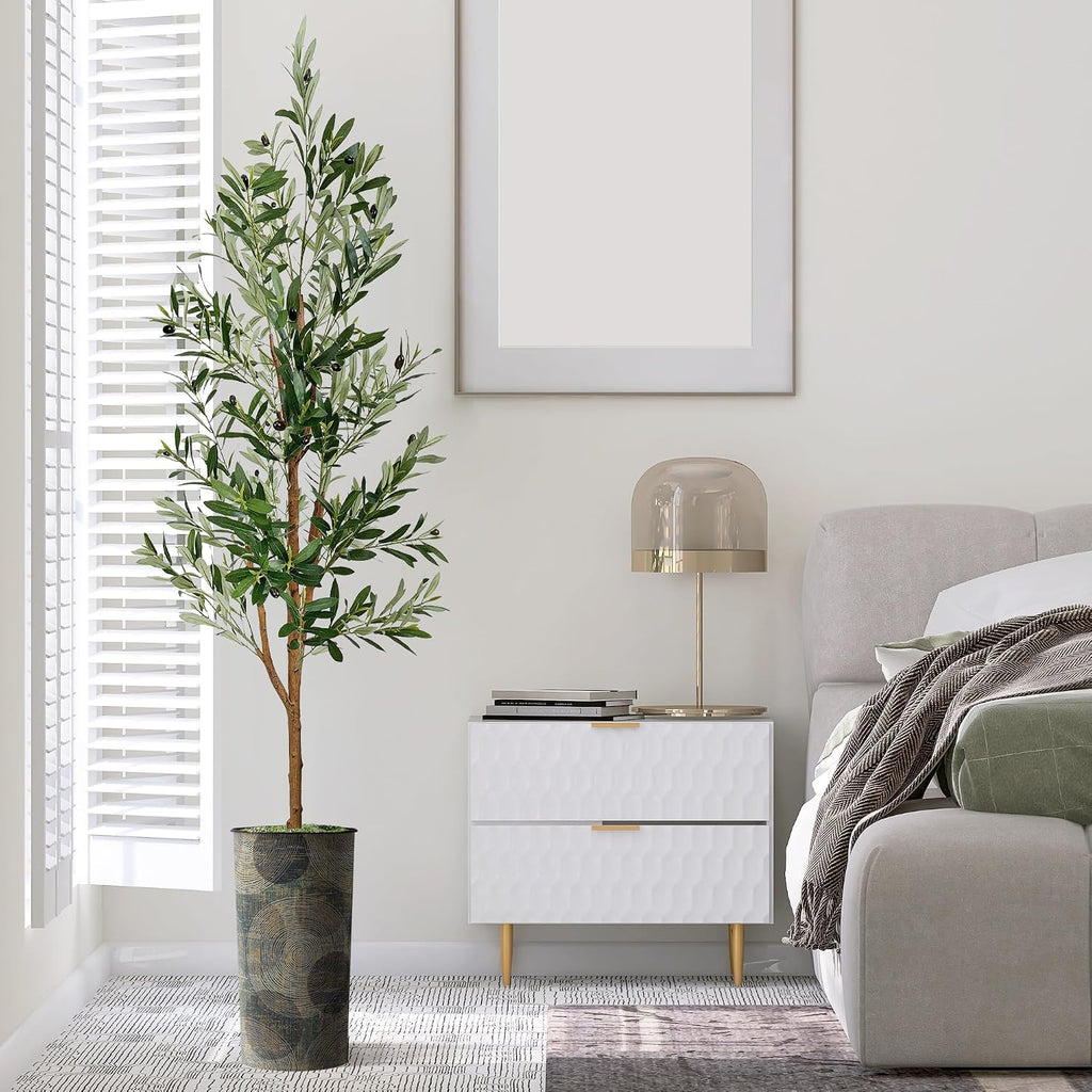 Tree in Contemporary Planter, Fake Olive Silk Tree for Indoor and Outdoor Home Decoration - 68" Overall Tall (Plant