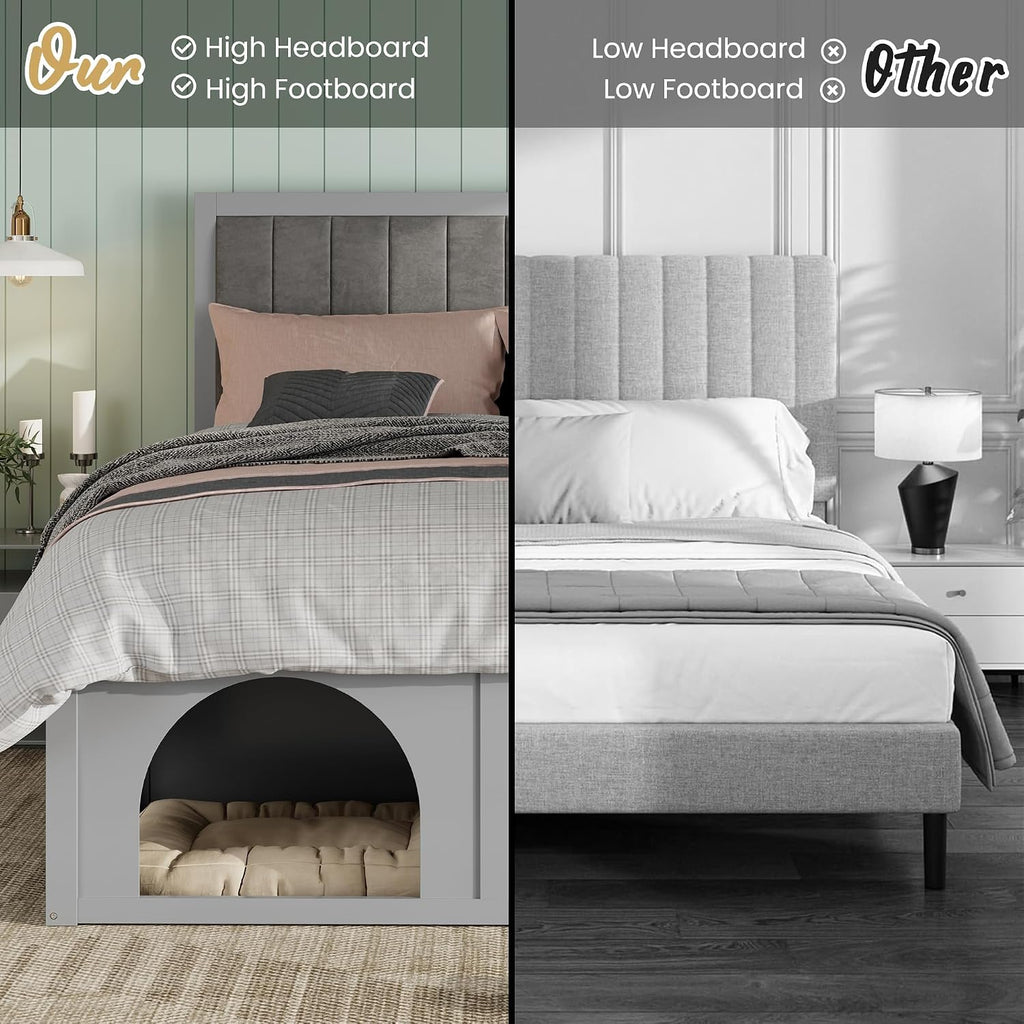 Queen Size Pet-Friendly Platform Bed, with Under-Bed Nook, Heavy Duty Bed Frame, Light Gray