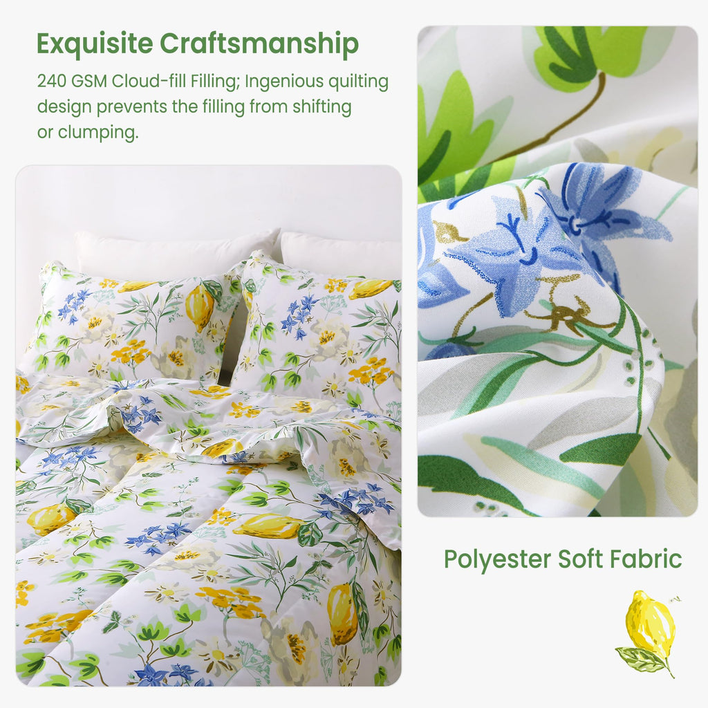 Floral Comforter Sets, Lemon Blossoms Patterned Bed in a Bag for All Seasons, 3-Piece Farmhouse Rustic