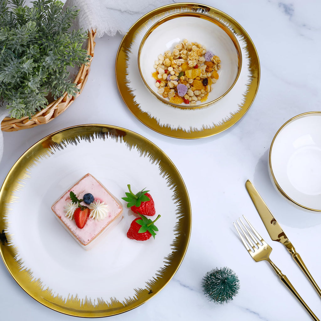 12-Piece Porcelain Dinnerware Set for 4, Luxury White Dish Set with Hand-Painted Gold Trim, Flat Plate Design for