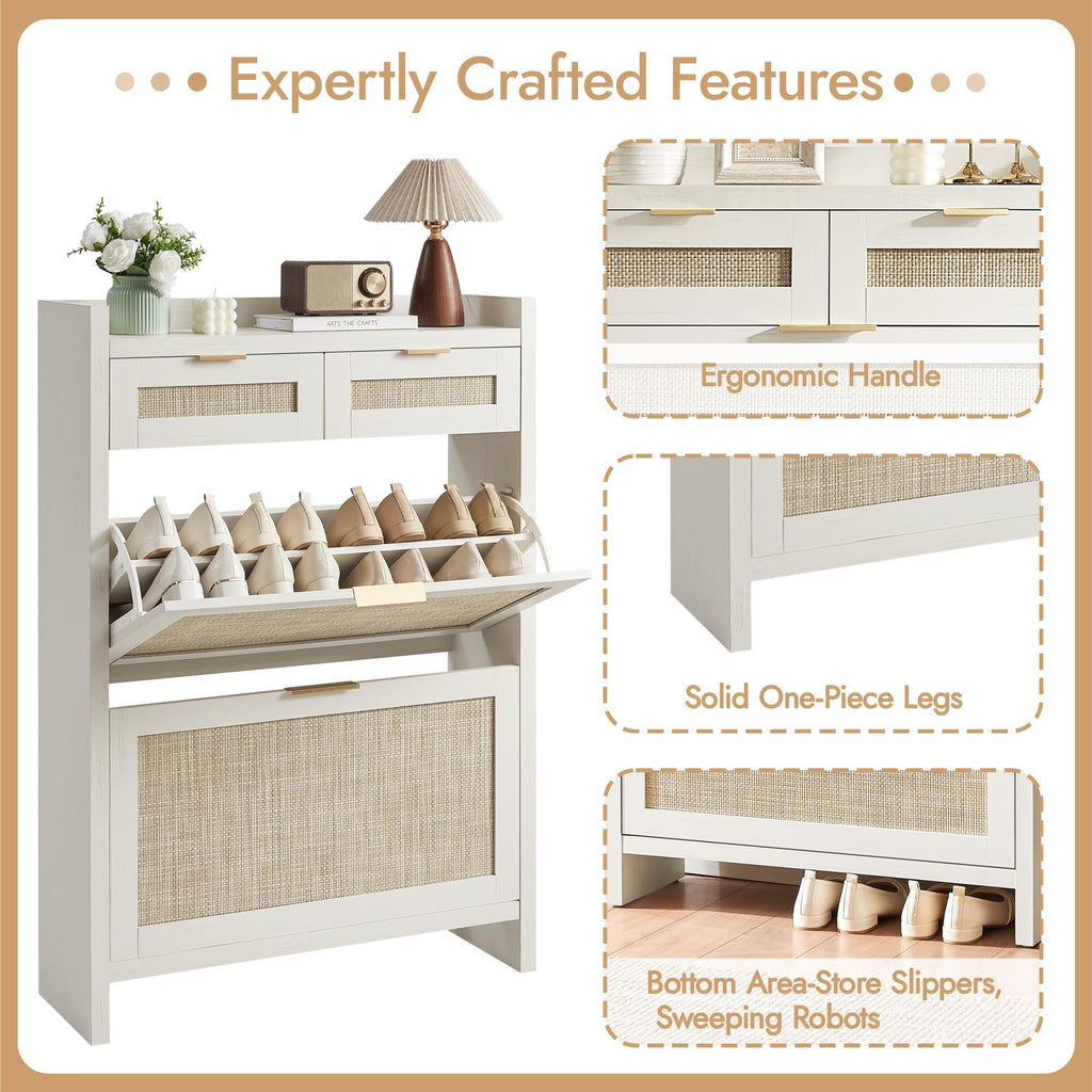 Rattan Shoe Storage Cabinet with 2 Drawers & 2 Flip Drawers