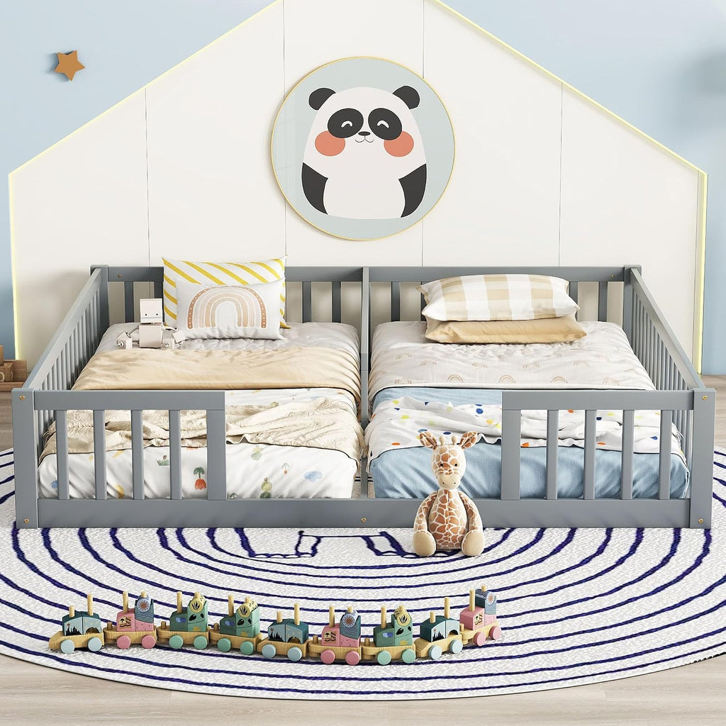 Double Bed for 2 Kids, Montessori Floor Bed for Boys and Girls Bedroom, Solid Wood Montessori Beds with
