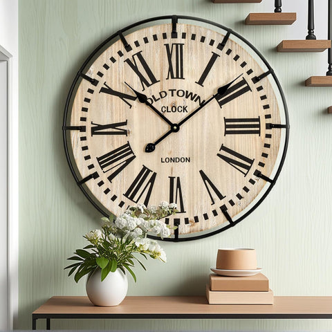 Rustic Farmhouse Wall Clock 24 Inch, Vintage Oldtown London Wooden Large Clock with Silent Tick, for Bedroom, Office
