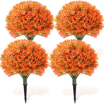 4 Pack Fall Artificial Topiary Ball, Fake Outdoor Bushes, Orange