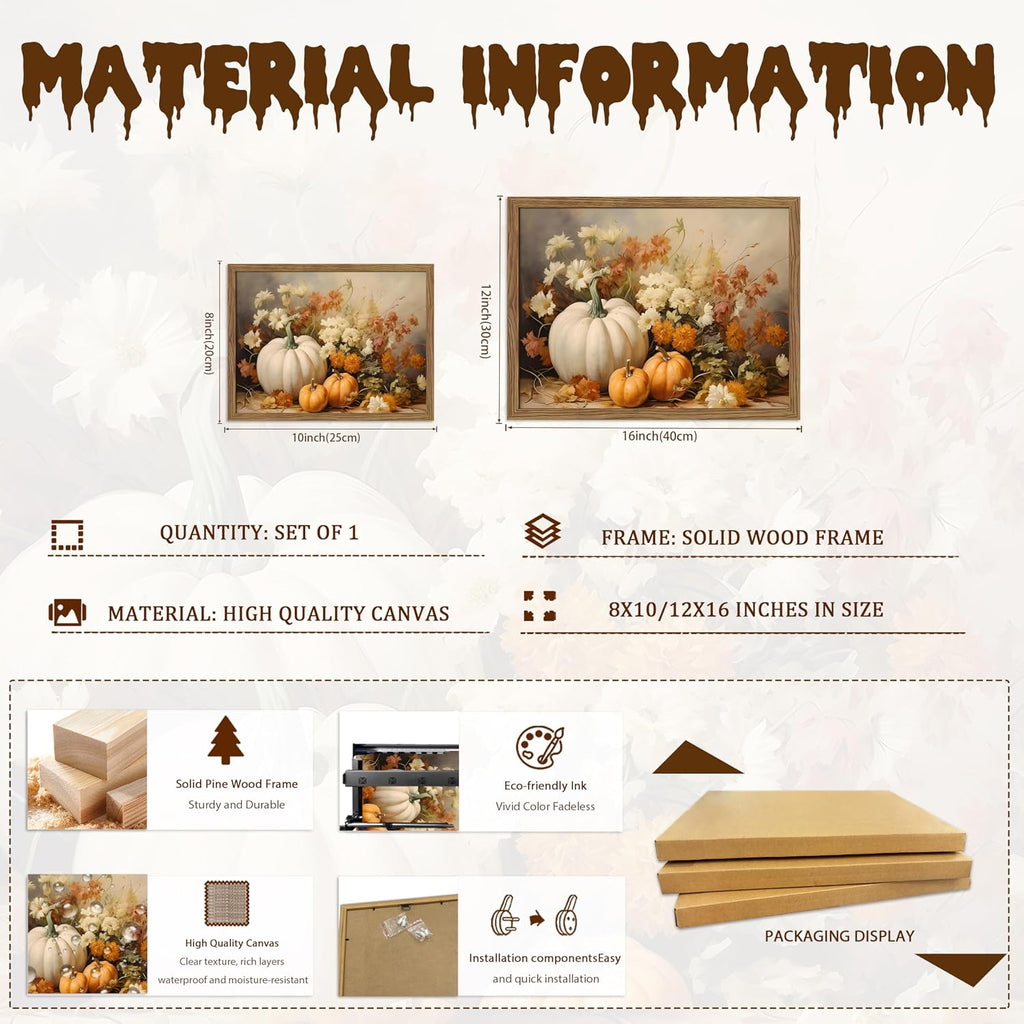 Framed Fall Pumpkin Wall Art - White Pumpkin and Autumn Floral Canvas Print, Rustic Farmhouse Harvest Halloween