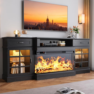 80", 3-Sided Glass Fireplace and Modern Entertainment Center, Wooden Media Console with Glass Doors & Storage