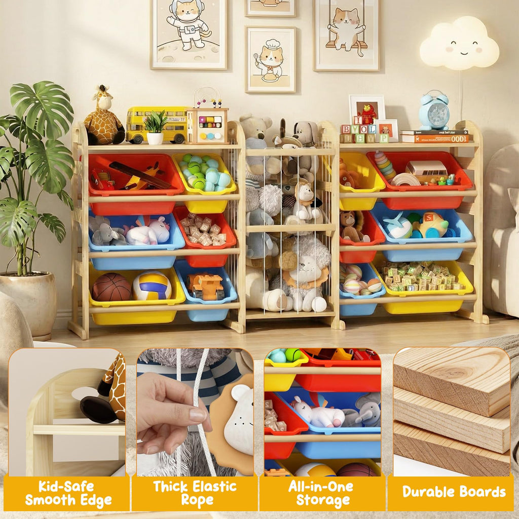 Toy Storage Organizer with Stuffed Animal Storage, 66.1"W Multi Color, 2-Shelf Bookcase / Bookshelf with 12 Toy Bins