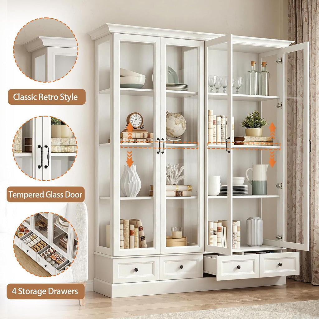 78" Tall Large Storage Cabinet with Glass Door, White Pantry | China Hutch, Farmhouse 4-Tier Display Cabinet with