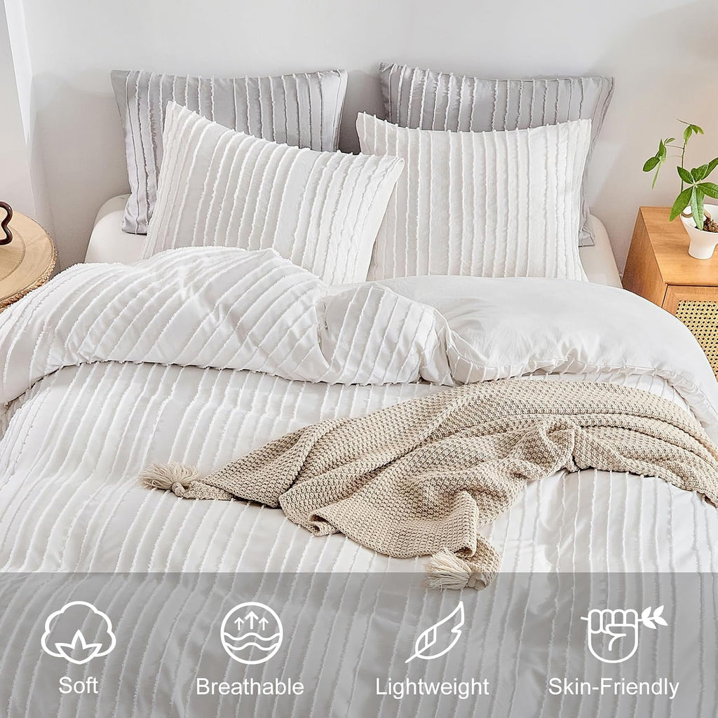 White Boho Duvet Cover Set Queen, Striped Textured Tufted Bedding Set, 3 Pcs Ultra Soft Washed Microfiber with Zipper