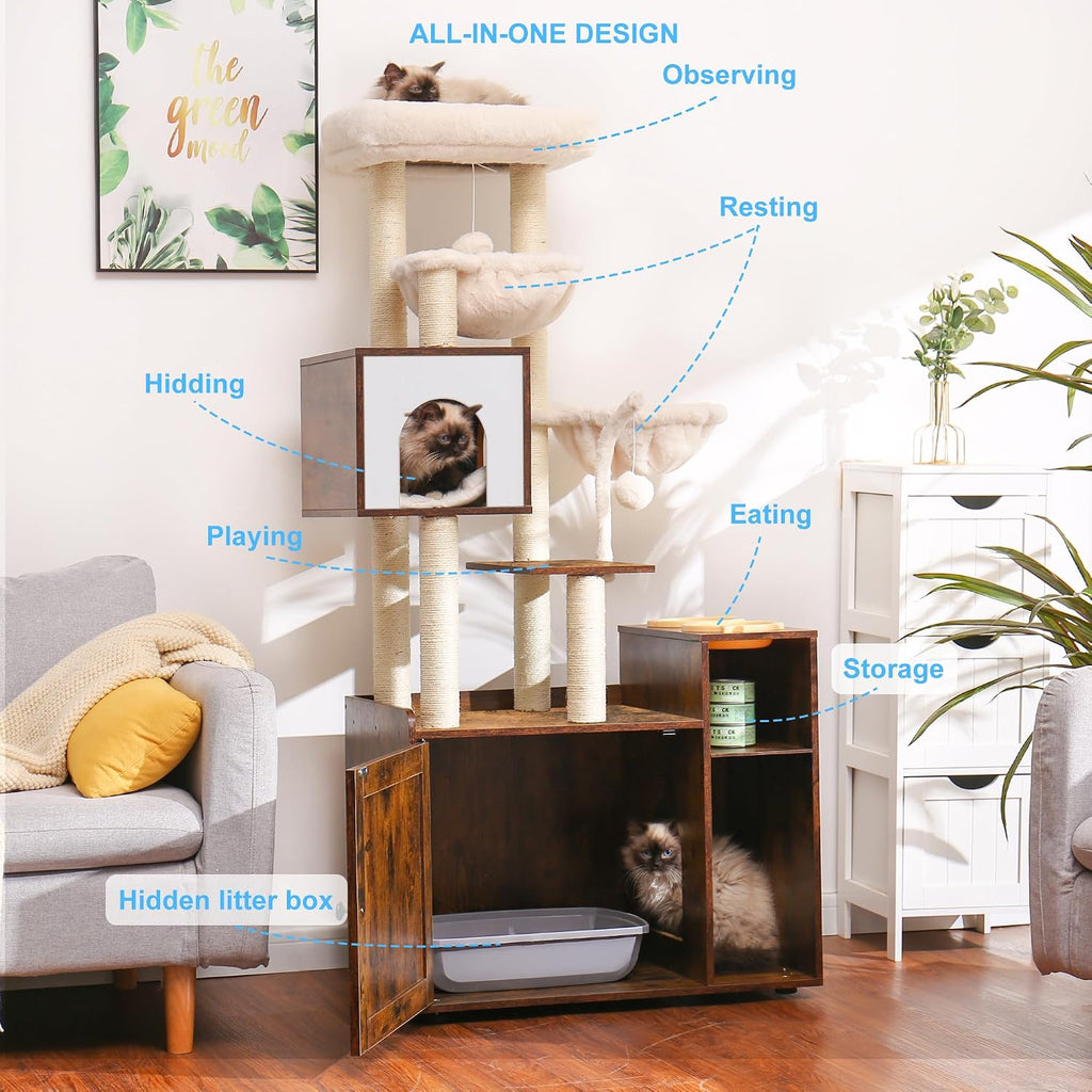 Cat Tree Tower, Wooden Litter Box Enclosure and Condo