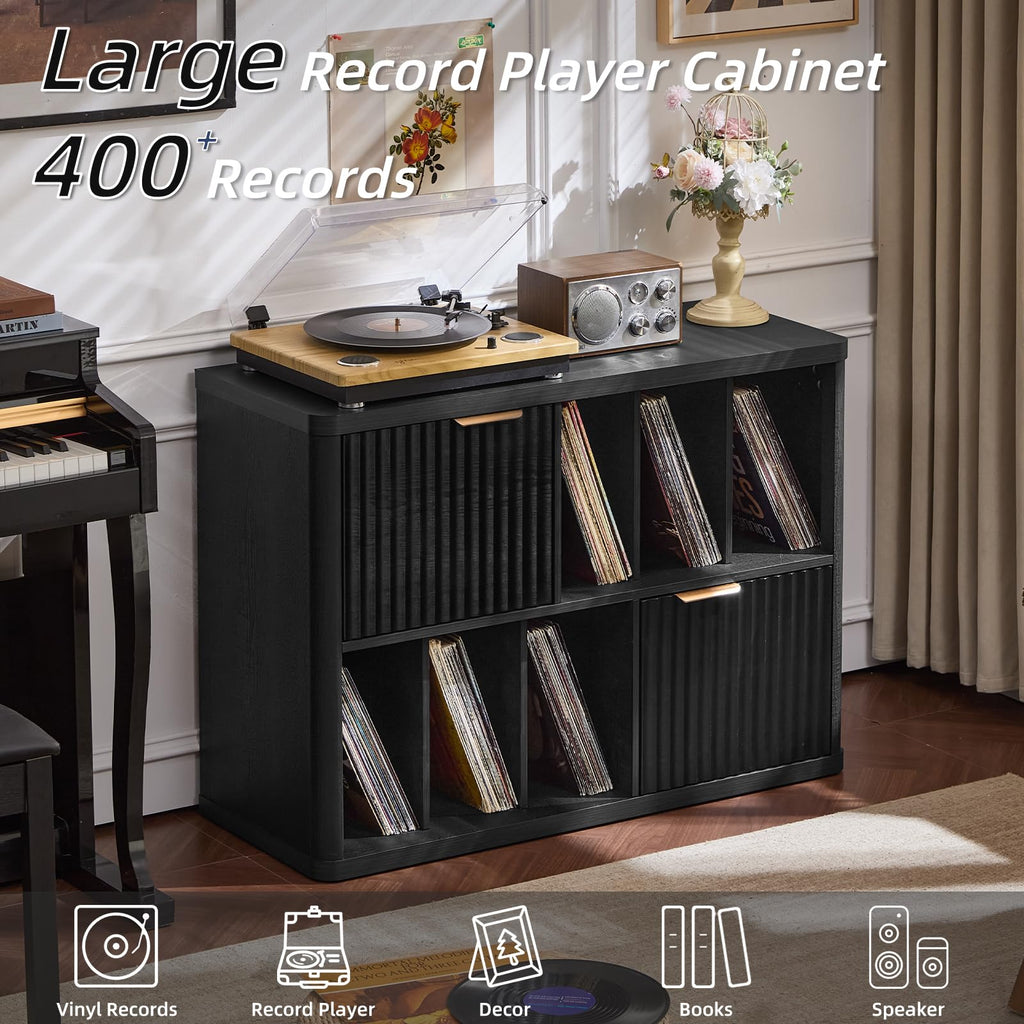 Large Record Player Stand with Vinyl Storage Up to 450 Albums, Wood Fluted Boho Record Storage Accent Cabinet, Modern