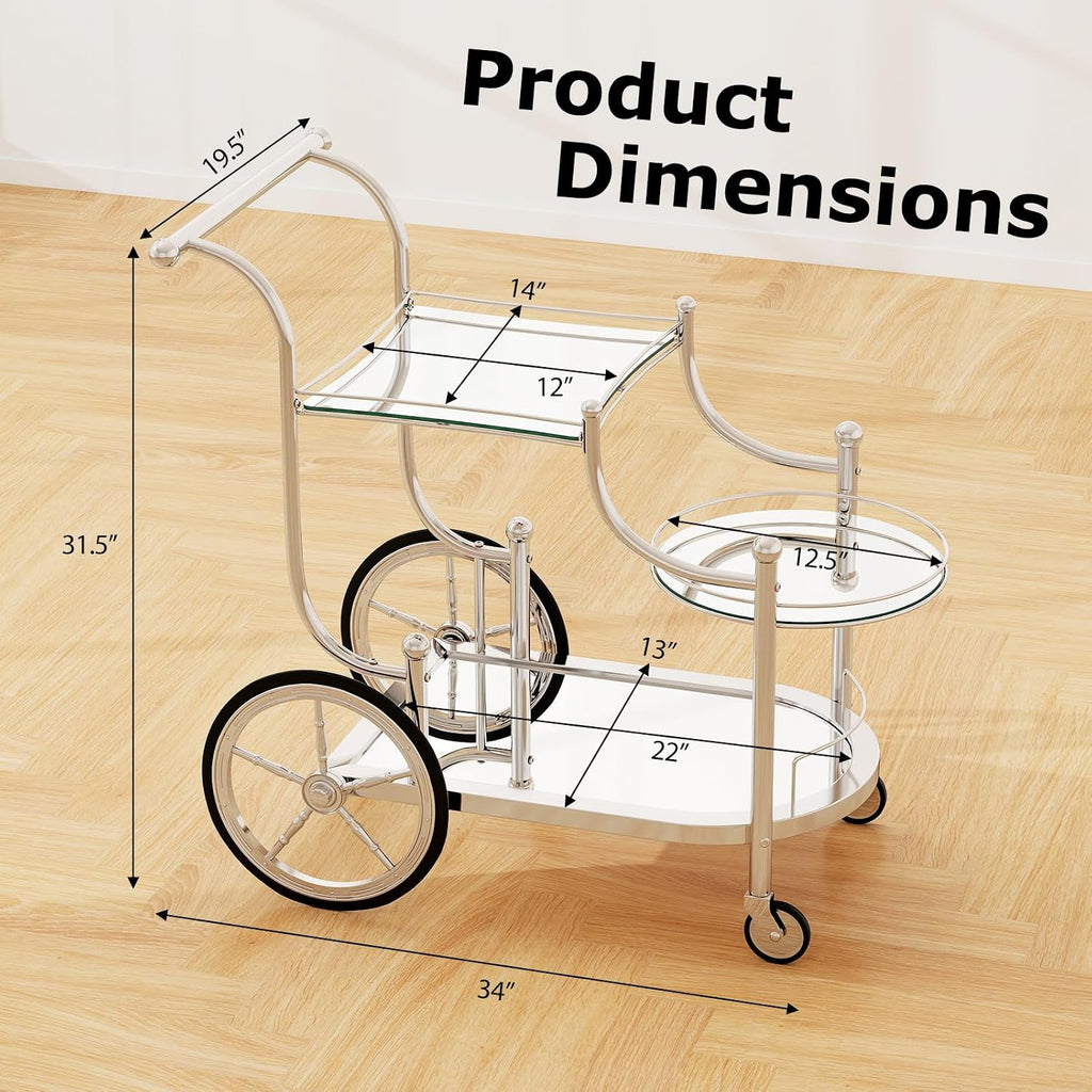 Bar Cart, 3-Tier Rolling Home Bar Serving Cart with Mirrored Shelves & 4 Wheels, Mobile Beverage & Wine Cart (Silver)