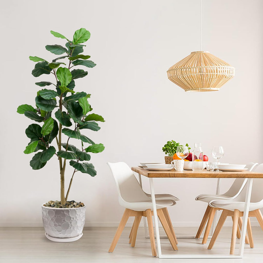 Artificial Fiddle Leaf Fig Tree 6FT, 72 Inch Tall Faux Ficus Lyrata Fake Floor Plant with White Planter & Pebbles