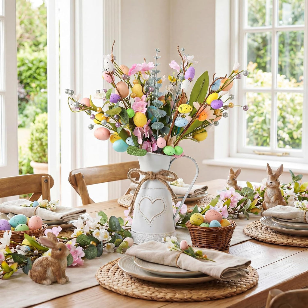 Easter Decorations: Rustic Easter Flowers Artificial Easter Eggs with Metal Pitcher Vase, Table Centerpieces Floral - Set of 17