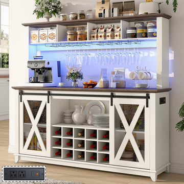 63"Wide 58"H Farmhouse Coffee Bar Cabinet with Power Outlet and LED Light, Wine Bar Cabinet w/ 4 Storage Hutch, Kitchen