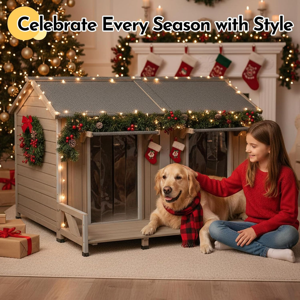 59''L Extra Large Dog House with 2 Doors, Wooden XL Dog House Outdoor Weatherproof with Chew-Proof Iron Frame