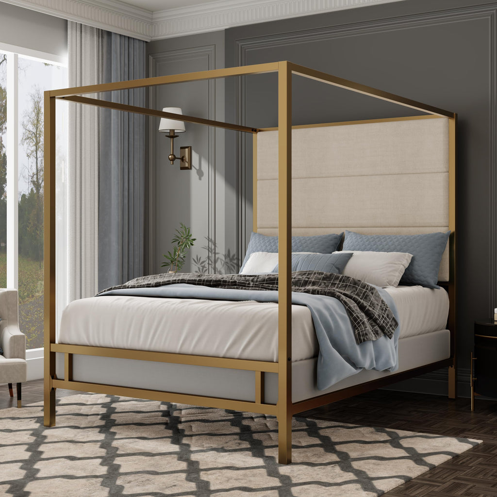 King Canopy Bed with Tall Linen Headboard, Metal Frame, Gold & Tan