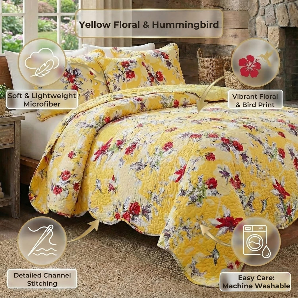Bedding Radiant Sunshine Yellow Floral Bedspread Set - Hummingbirds Farmhouse Red Flowers Garden Quilted Coverlet