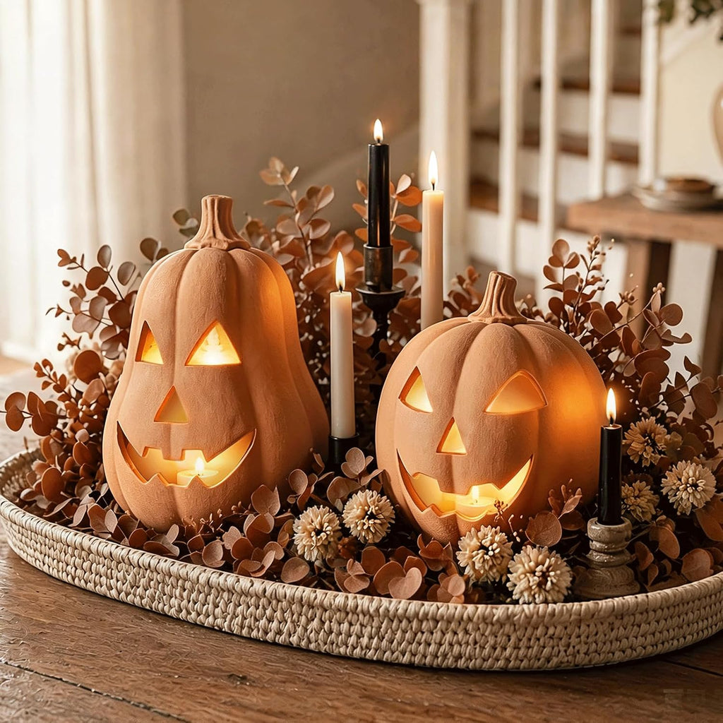 Halloween Decorations Handmade Terracotta Jack O' Lanterns - Set of 2