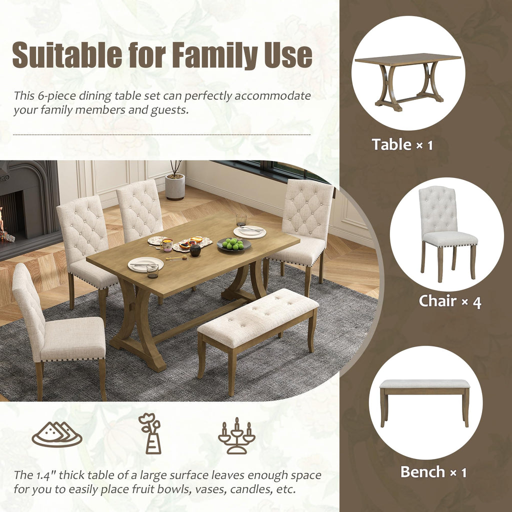 Farmhouse Dining Table Set for 6, Dining Table with Bench and Chairs, 6 Piece Kitchen Table Set Solid Wood Dining