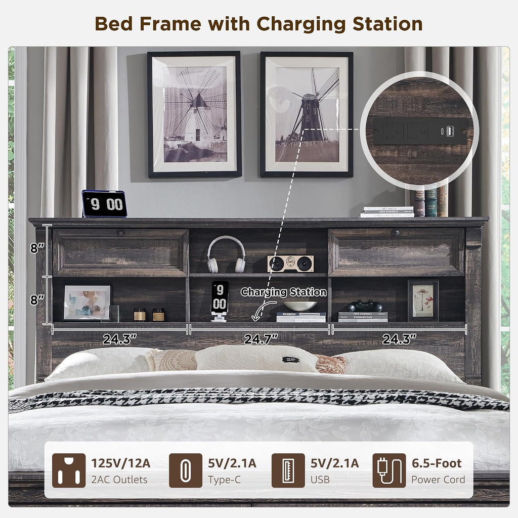 Farmhouse King Bed Frame with 54" Tall Headboard, Headboard with 4 Storage Rack, 2 Drawers, 18" Roman Column
