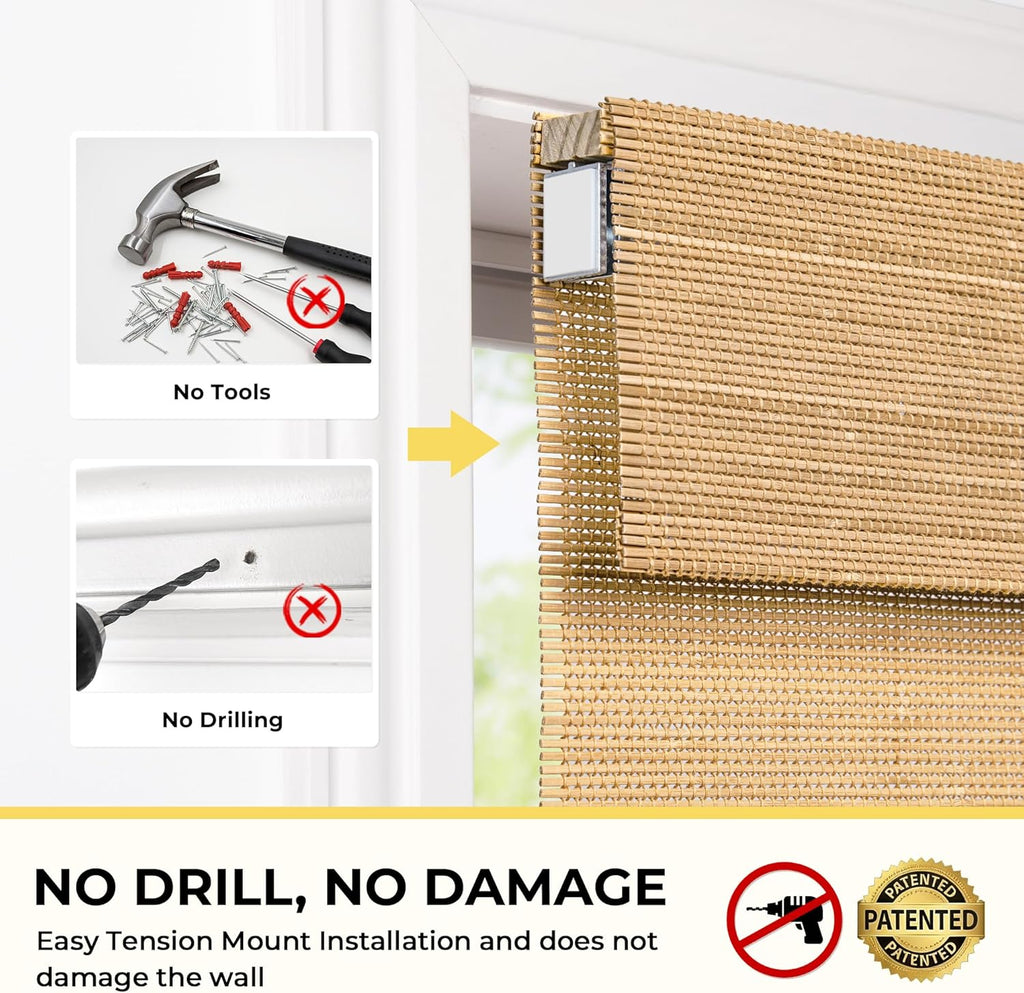 No Drill Cordless Bamboo Roman Shades, 24×64 in, Carbonized | Natural material, Light Filtering, Easy Install