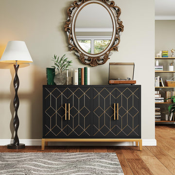 47.8" Storage Accent Cabinet with 4 Doors, Modern Sideboard Buffet Cabinet with Gold Lines, Wood Decorative Credenza