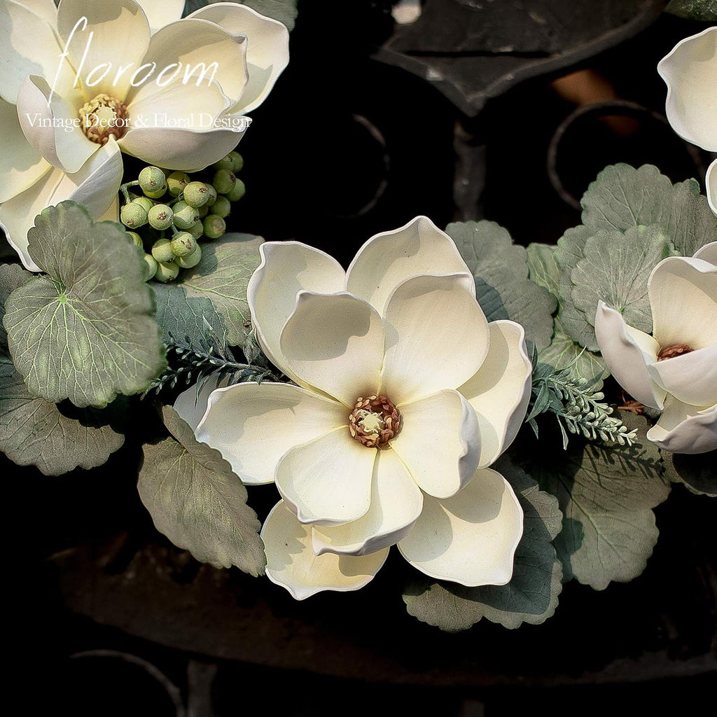 Floral Wreath, 18" Artificial White Magnolia Wreath for Front Door Wedding Decorations Wall Decor