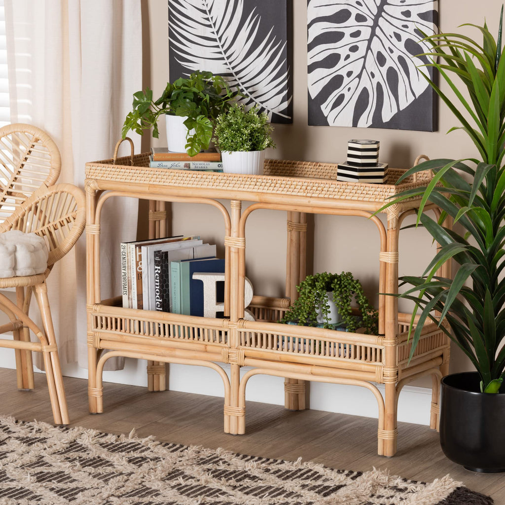 Lombok Modern Bohemian Natural Rattan 2-Tier Console Table