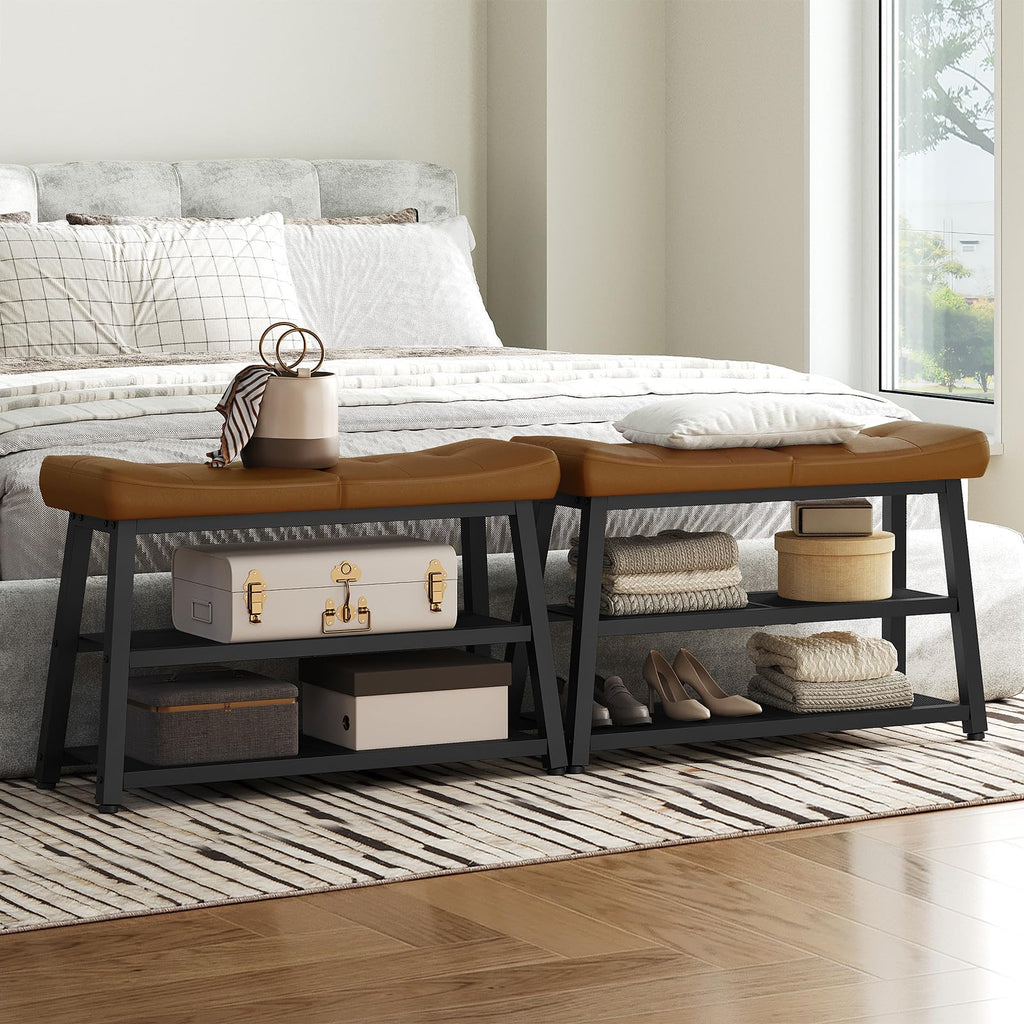 Shoe Bench, 3-Tier Shoe Rack, Entryway Bench with Storage and Cushion, Foyer, Bedroom, Brown and Black HX02BV