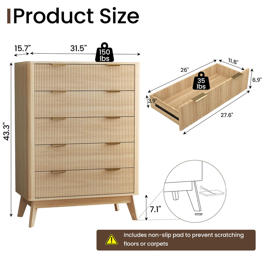 Fluted 5 Drawer Dresser, 43.3" Tall Dressers with Round Corner, Mid-Century Modern Wood Chest, Entry