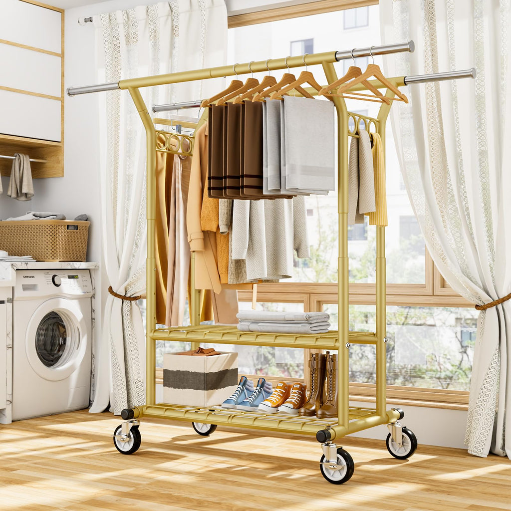 Heavy Duty Clothes Rack, Rolling Clothing Racks With Shelves Load 620 LBS, Double Rod Clothing Racks for Hanging