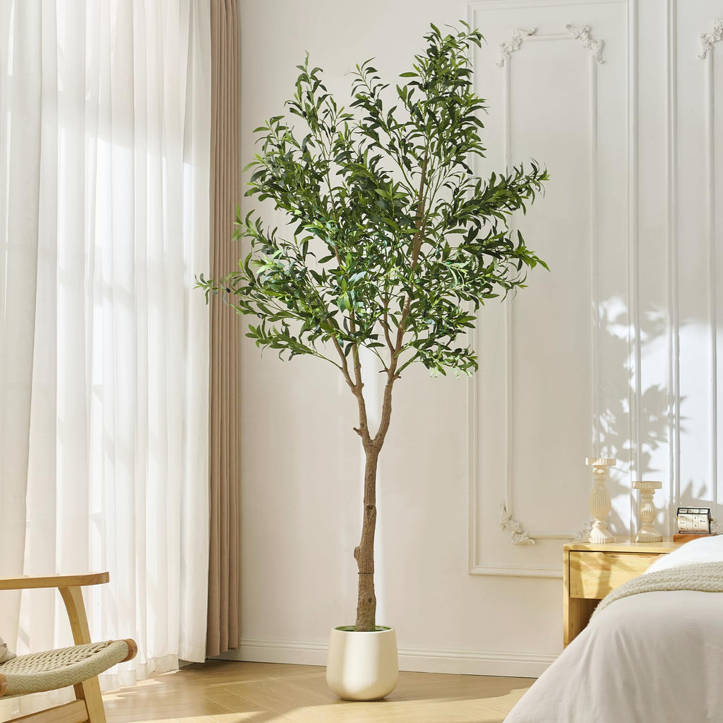 7ft Artificial Olive Tree Indoor with Tall White Planter, Realistic Faux Olive Tree with Natural Wood Trunks