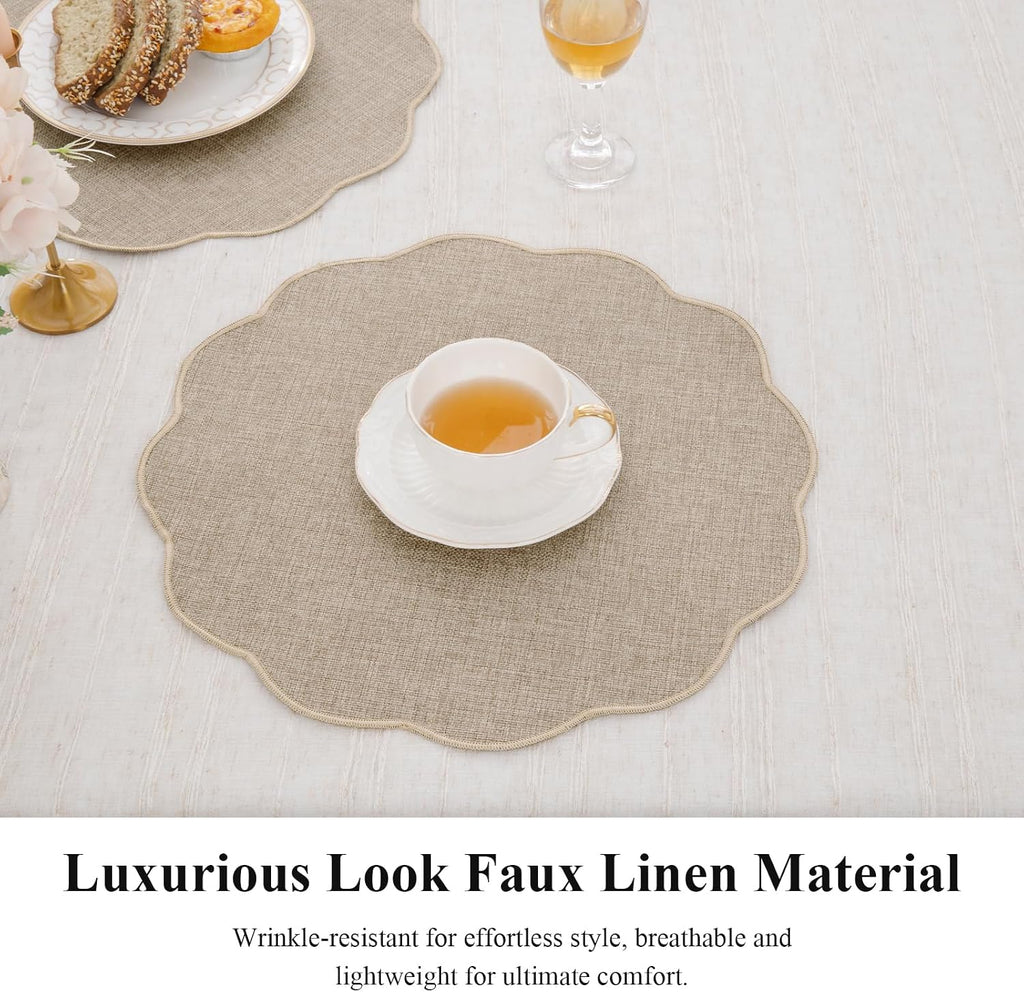 Scalloped Round Placemats Polyester Linen Blend 15 inch Washable Non Slip Place Mats Easy Clean Heat - Set of 6