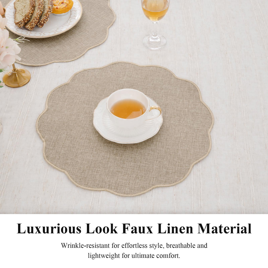 Beige Round Scalloped Placemats Set of 4 Polyester Linen Blend