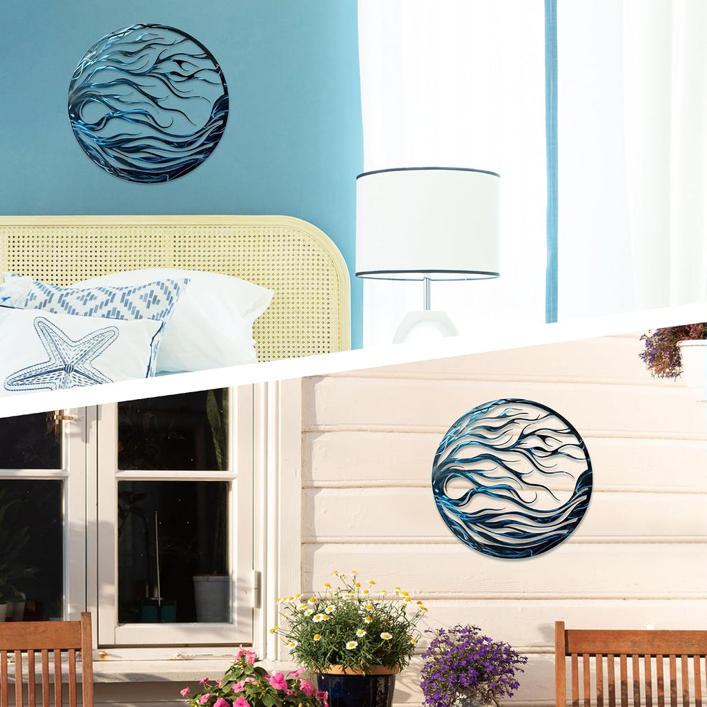Blue Abstract Wave Metal Wall Art, Nautical Decor