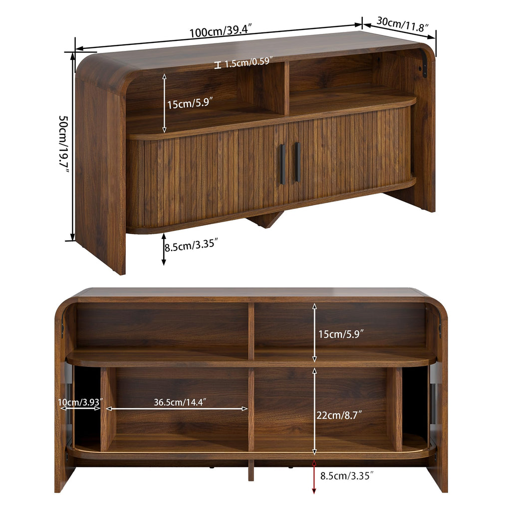 Small TV Stand, Low Fluted TV Console for 40 43 Inch, Mid Century Modern Entertainment Center with Sliding Doors