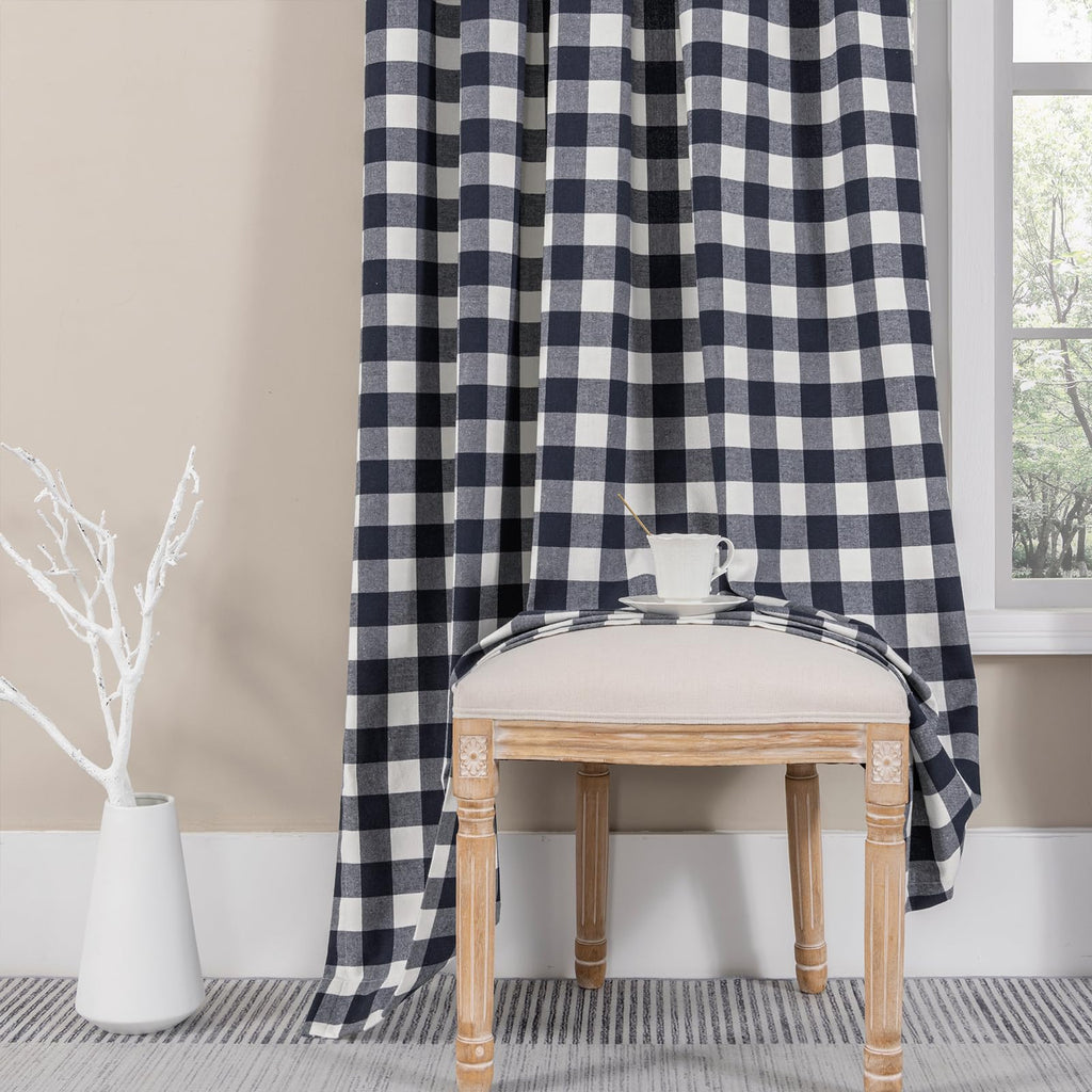 Buffalo Check Plaid Curtains Farmhouse Gingham Style Cotton Texture Rod Pocket Semi Curtain Drapes, Navy, 52 x 84