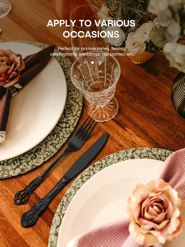 30 Pcs Black Silverware Set, Gorgeous Retro Royal Silverware Set for 6, Stainless Steel Mirror Flatware Cutlery Set