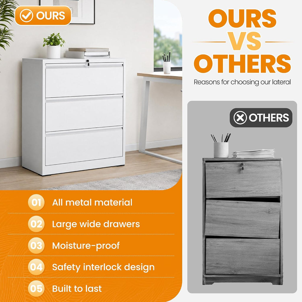 3 Drawer Lateral File Cabinet with Lock, Metal File Cabinets Furniture for Organization Hanging Legal/Letter/A4