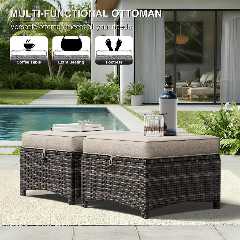 Outdoor Ottoman Set of 2, Patio Large Ottoman Foot Rest with Thickened Cushions, Outdoor Wicker Foot Stool for Porch